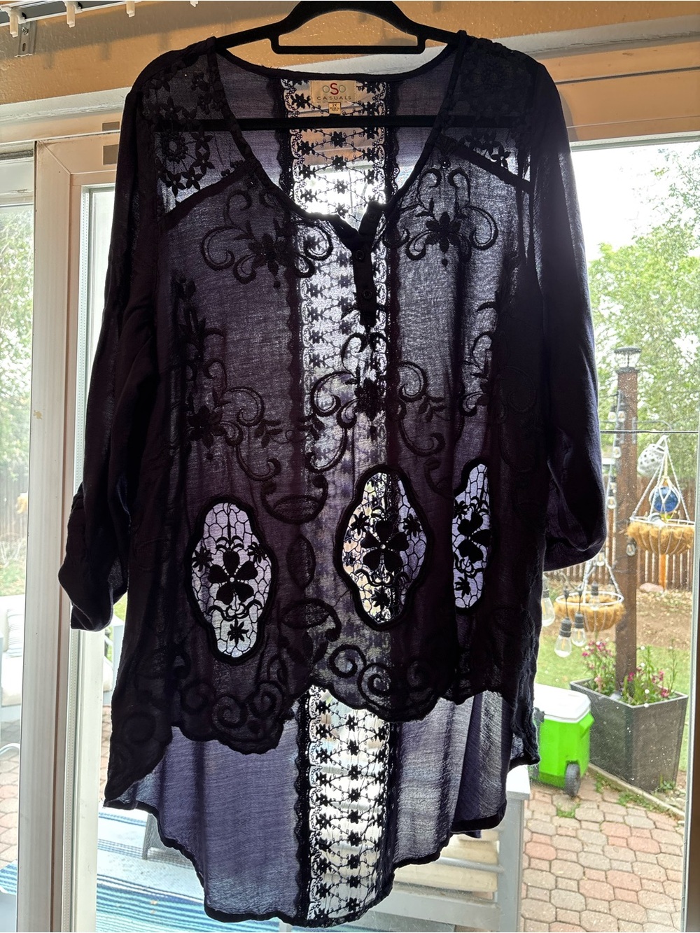 OSO Causal Navy Embroidered Lace-Detail Tunic Top